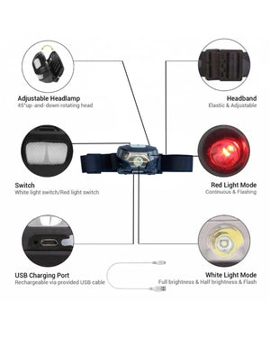 Headlamp, Re - Chargeable LED (both white & red light capabilities) - Bone Tactical LLC